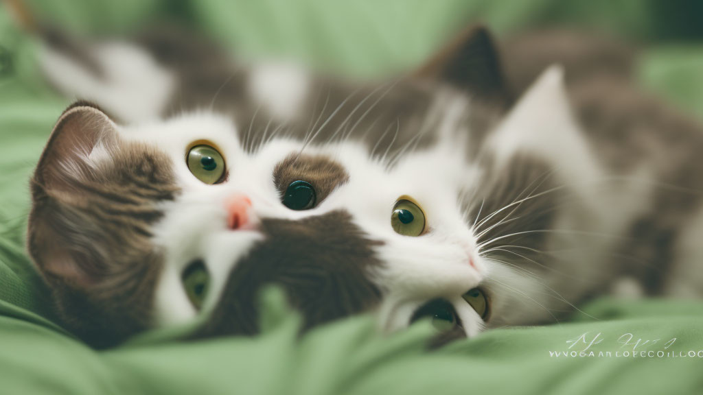 Two Cute Cats Cuddling on Green Fabric