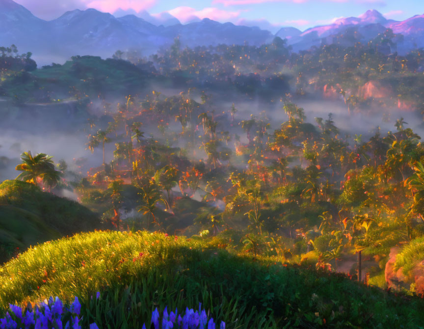 Misty Tropical Forest Sunrise with Mountain Layers and Vibrant Flowers