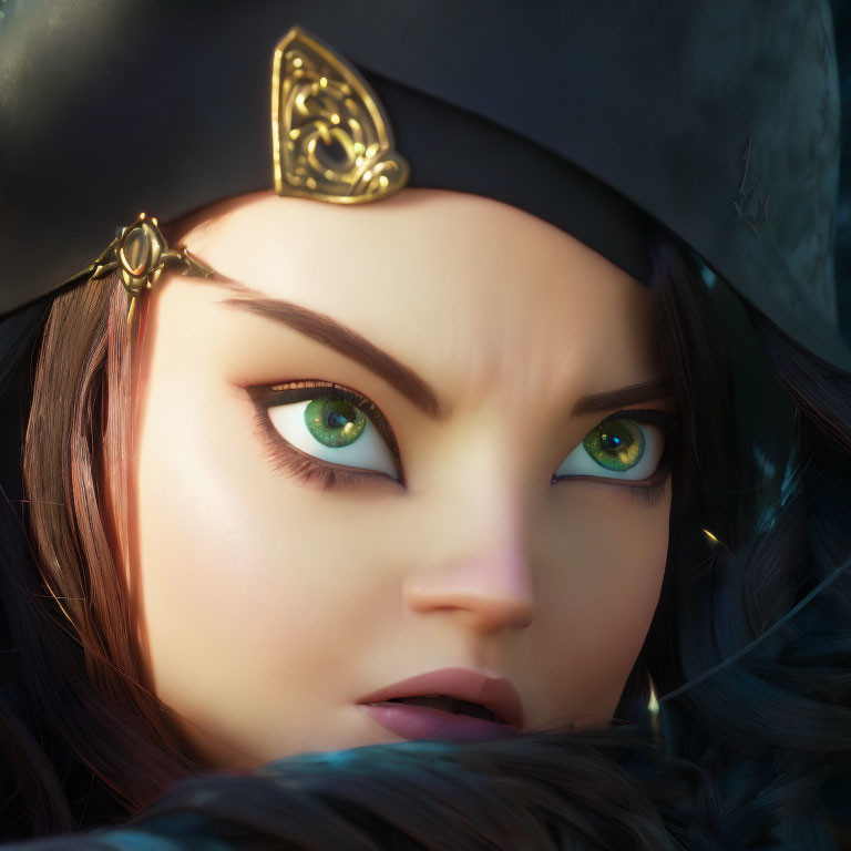 Female pirate with green eyes in tricorn hat & gold details.