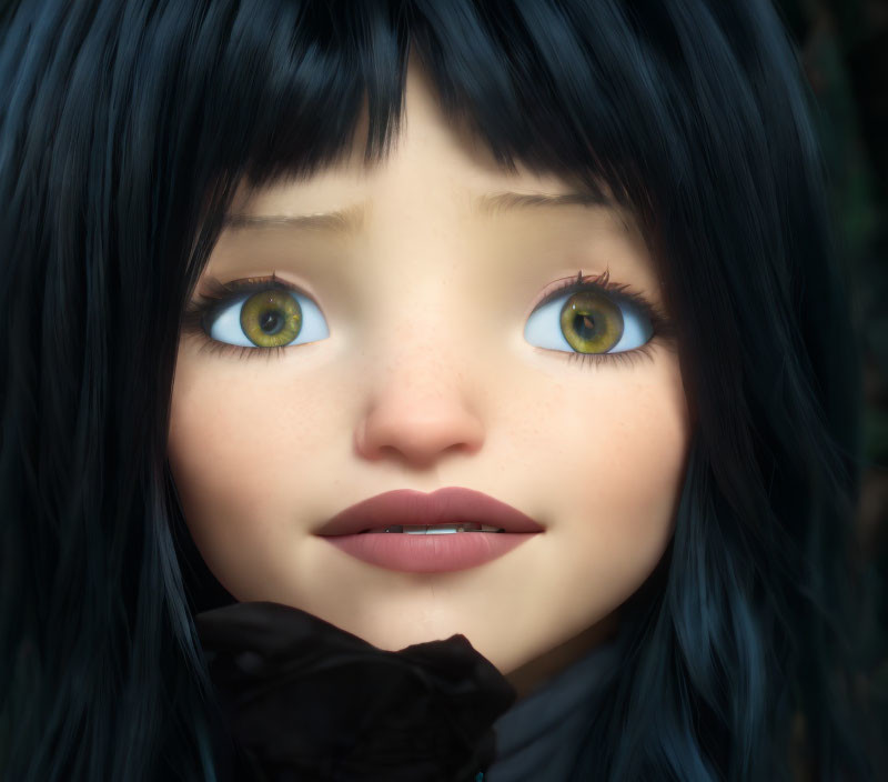 Detailed 3D animated girl with blue eyes and black hair