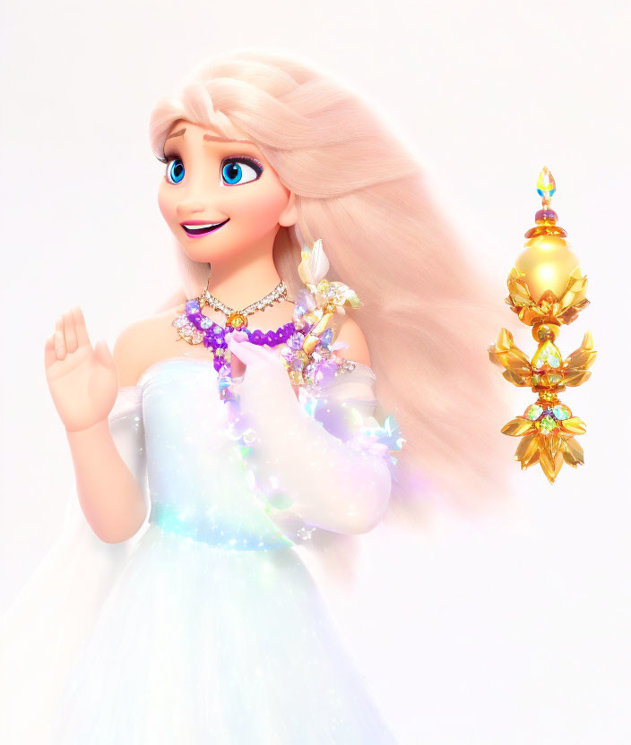 Blonde princess in white dress with gemstones holding golden scepter