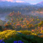 Misty Tropical Forest Sunrise with Mountain Layers and Vibrant Flowers