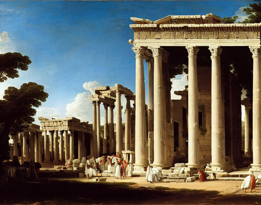 Ancient ruins with columns and figures in period attire in serene setting