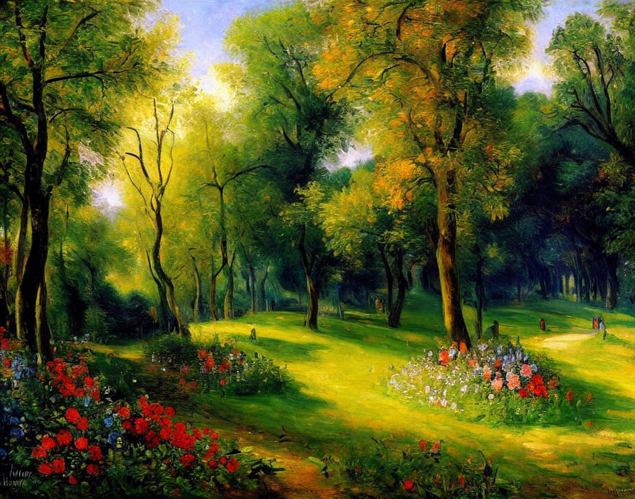 Vibrant flower beds in lush green forest with strolling people