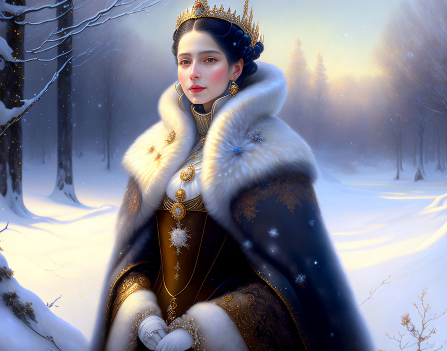 Regal woman in fur cape and snowflake jewels in snow-covered forest