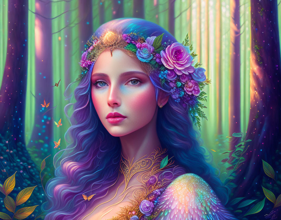 Vibrant purple-haired woman in neon-lit fantasy forest