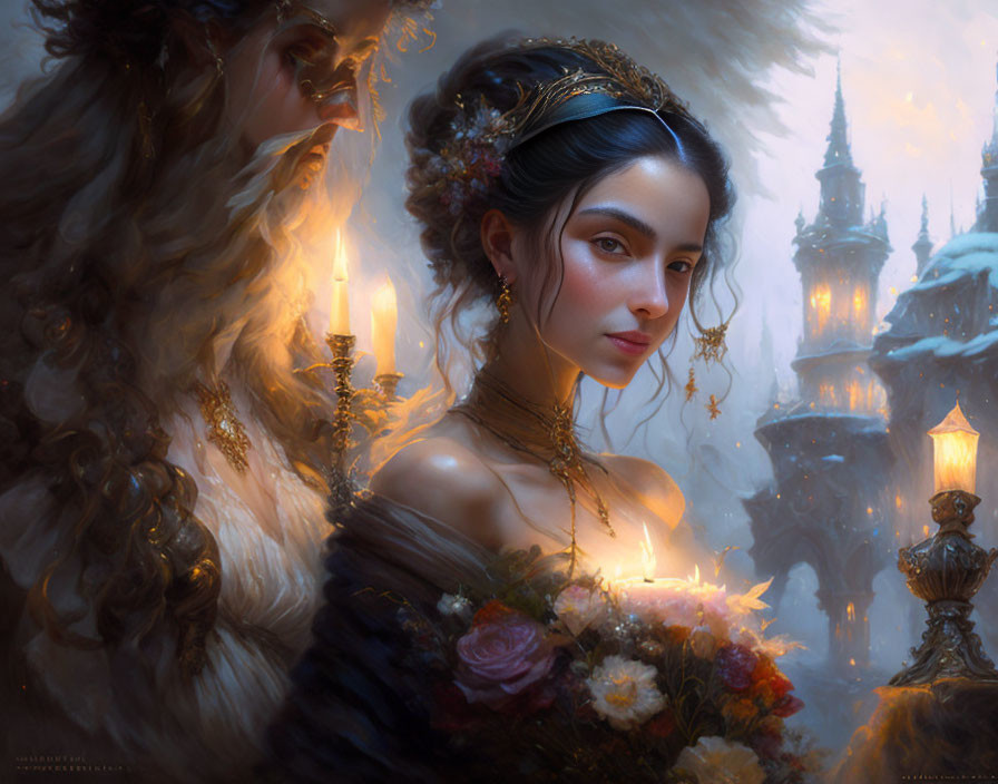 Fantasy digital art: Regal woman in floral gown with lion-like figure in warm candlelight