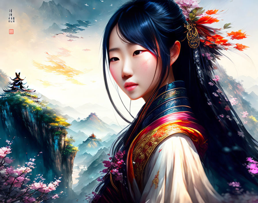 Traditional Asian Attire Woman Digital Artwork in Mountain Cherry Blossom Scene