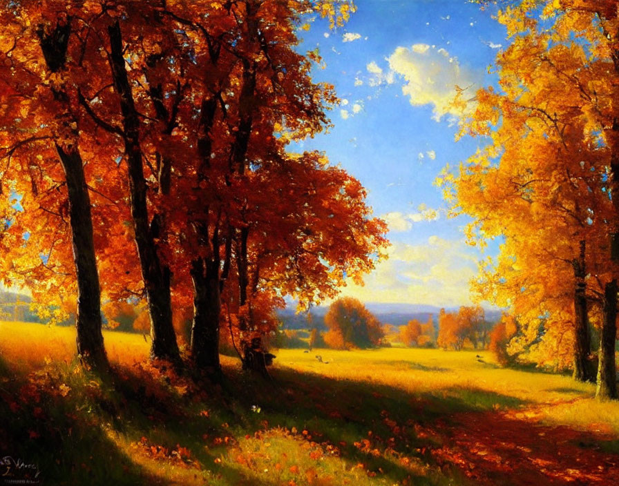 Vibrant autumn landscape painting: golden leaves, sunlit path, blue sky