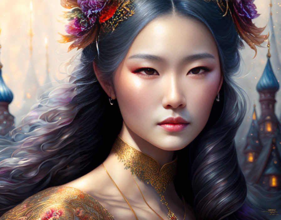 Portrait of woman with floral hair accessories and golden jewelry in fantasy setting