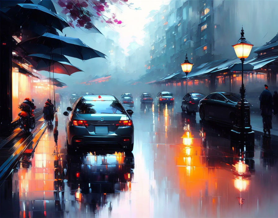 Twilight city street: Rain, street lamps, reflections, umbrellas, car lights