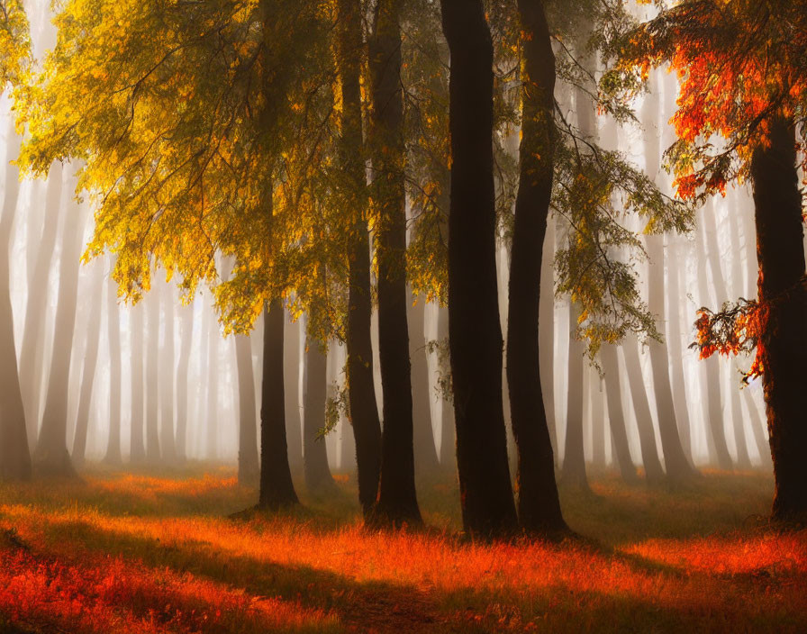 Mystical autumn forest with warm light, long shadows, and vibrant foliage