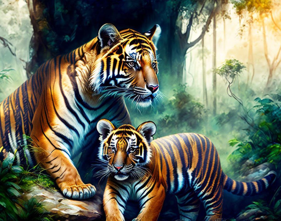 Two vibrant tigers in lush forest setting, one standing and one crouching, surrounded by mist