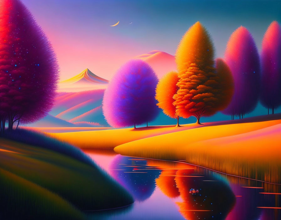 Colorful Stylized Trees Reflected in Serene River at Twilight