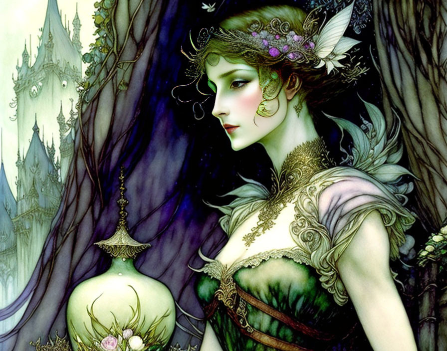 Ethereal woman with decorative horns and fantasy castle backdrop