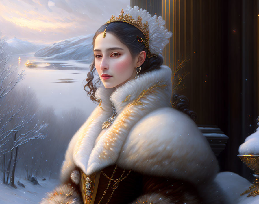 Regal woman in fur attire with golden crown in wintry landscape at dawn or dusk