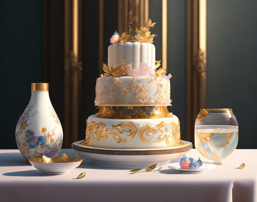 Three-tiered cake with golden floral decorations and goldfish in fishbowl on dark backdrop