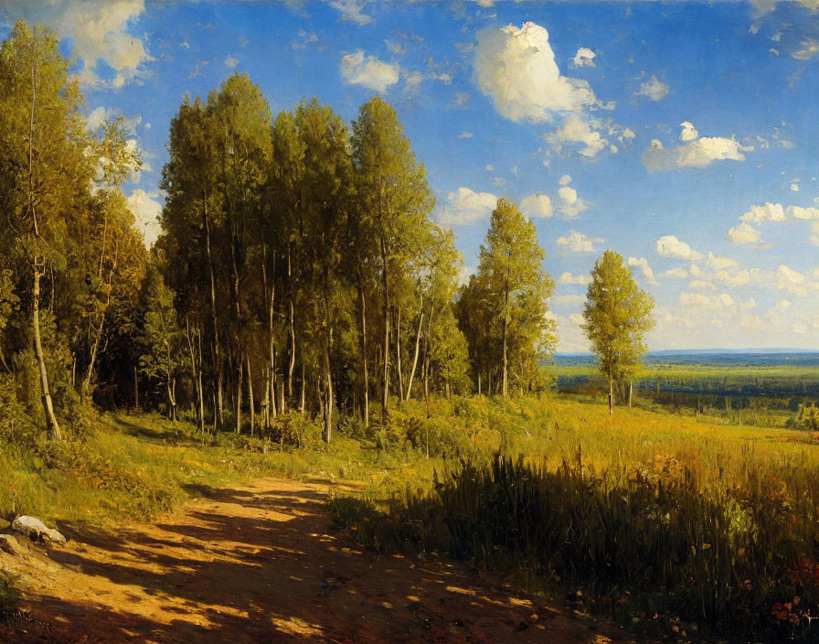 Tranquil landscape painting: dirt path through lush trees, blue sky.