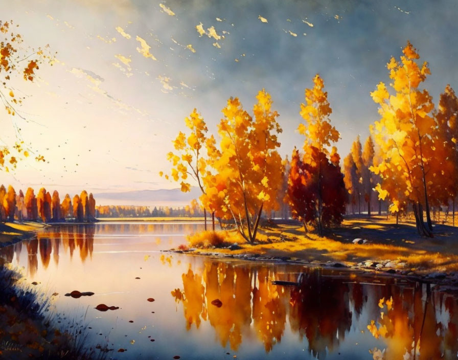 Tranquil autumn landscape with golden-orange trees and lake reflection