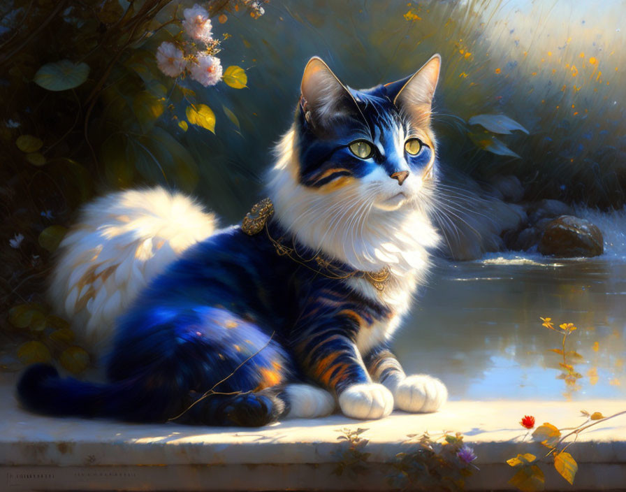 Detailed digital painting of blue and white cat with bell collar in floral setting