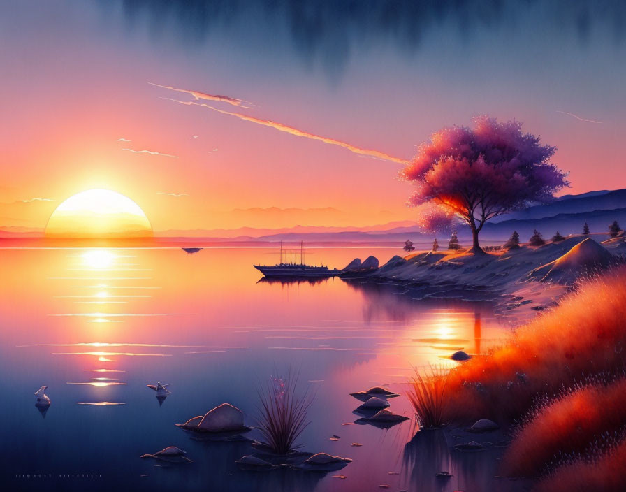 Colorful sunset with blooming tree and boat in tranquil digital artwork