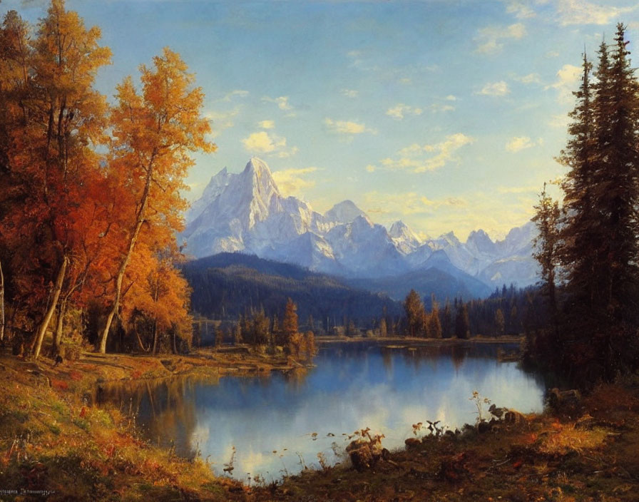 Autumn forest reflection in lake with snow-capped mountains under clear sky