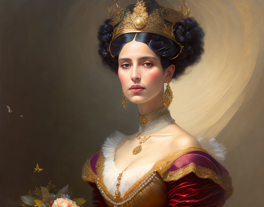 Regal woman in golden tiara and burgundy dress with butterflies