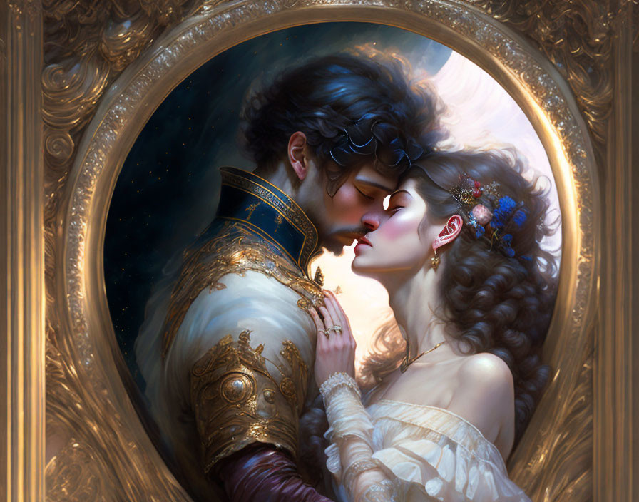 Romantic embrace depicted in intricate framed illustration