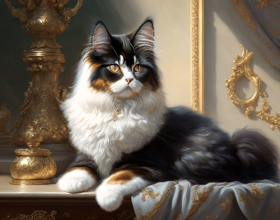 Fluffy Calico Cat with Striking Amber Eyes Beside Ornate Golden Decor