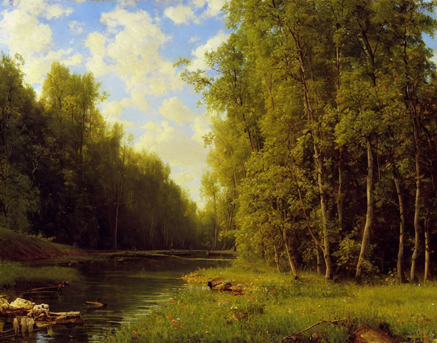 Tranquil forest river landscape with lush greenery