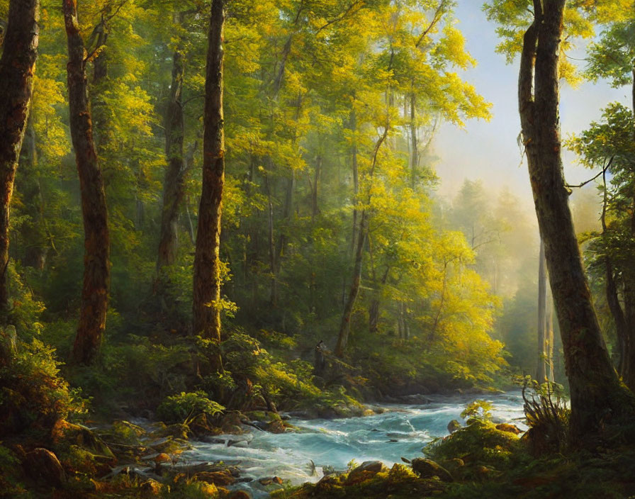 Tranquil forest landscape with sunlight, mist, and river