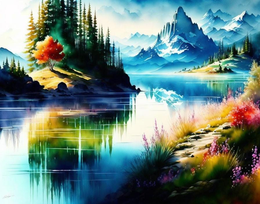 Colorful Watercolor Landscape: Serene Lake, Flora, Pine Trees, Majestic Mountains