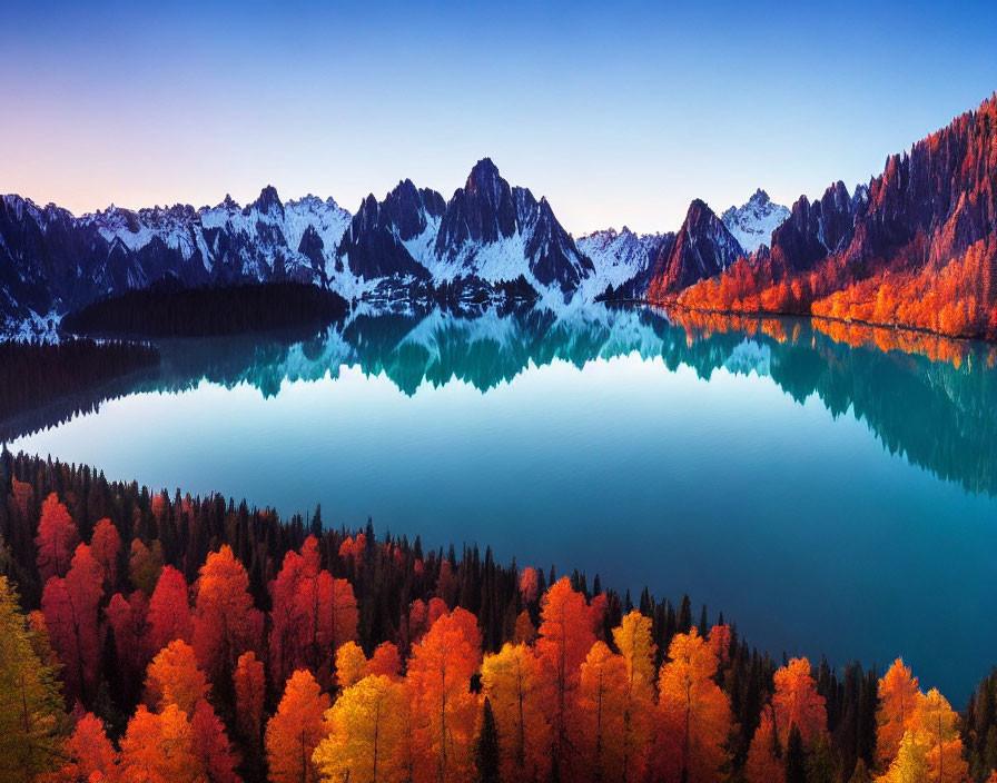 Tranquil alpine lake with turquoise waters, autumn forest, and snow-capped mountains