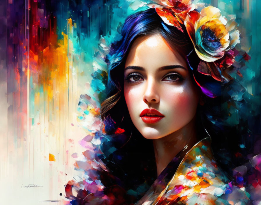 Colorful digital painting of a woman with floral headpiece