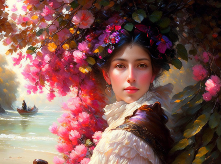 Young woman with floral headpiece under blooming tree and boat in serene setting