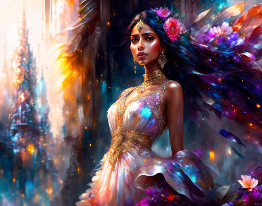 Digital artwork featuring woman with ornate gold jewelry and vibrant floral headdress against mystical luminous background.