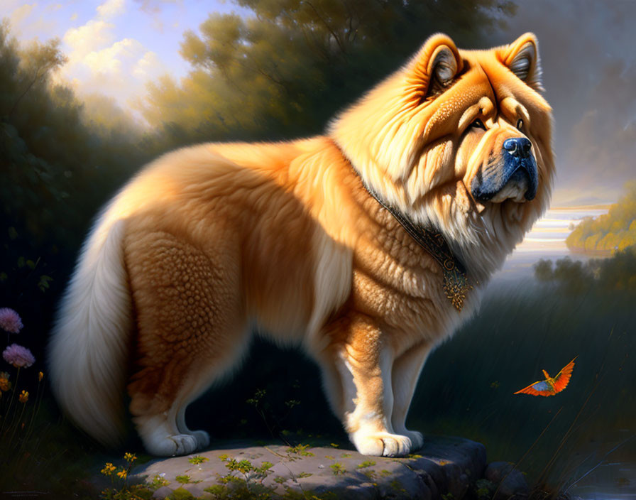 Fluffy Chow Chow Dog on Rock with Butterfly and Nature Backdrop