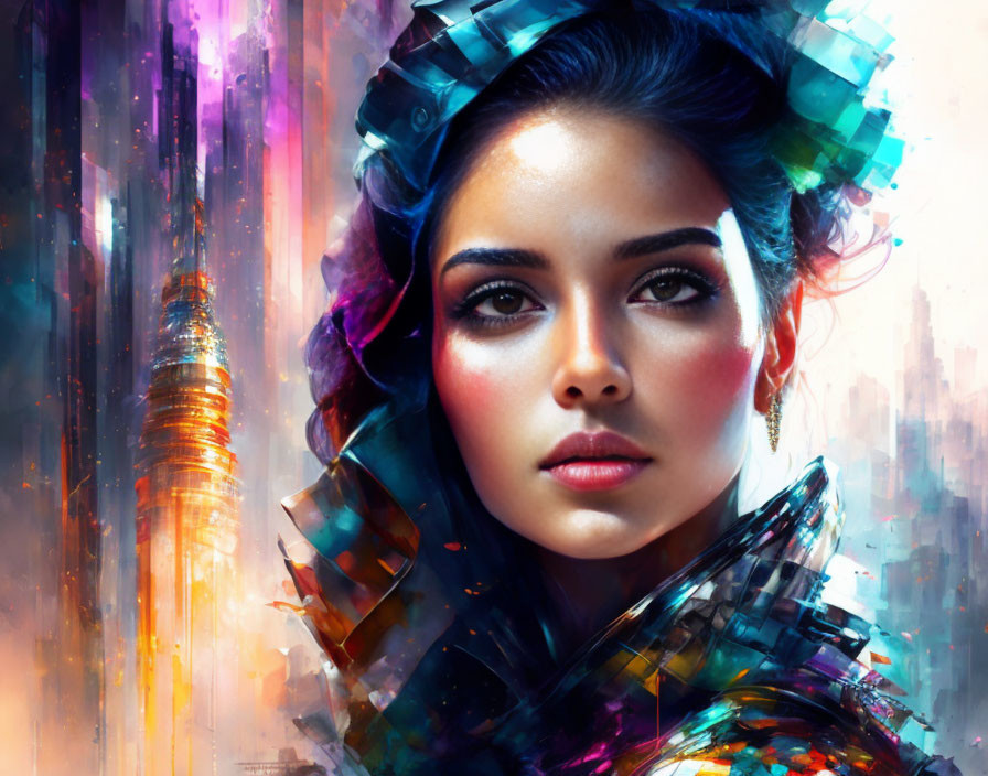 Colorful digital portrait of a woman with futuristic elements and abstract light streaks