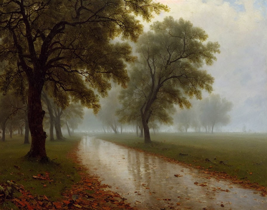 Tranquil misty landscape with autumnal trees and wet path