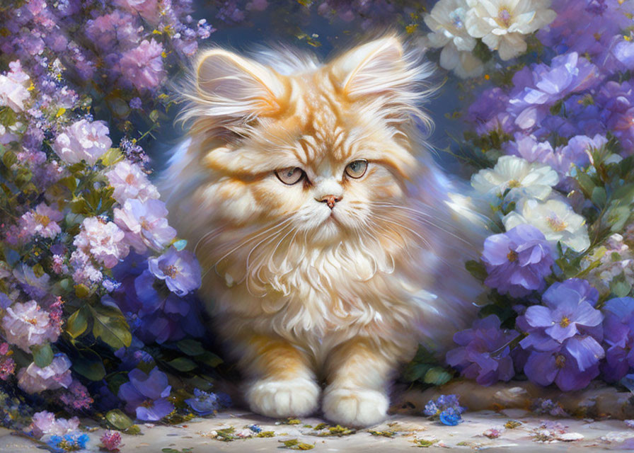 Orange and White Cat Among Violet and White Flowers