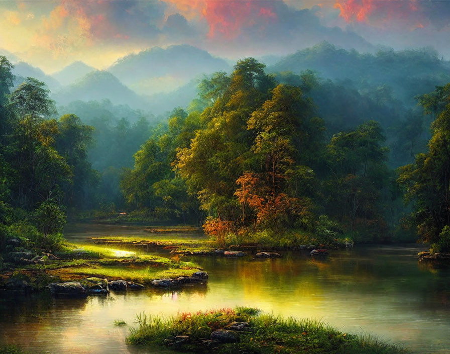 Tranquil river in lush forest with misty mountains and colorful sky