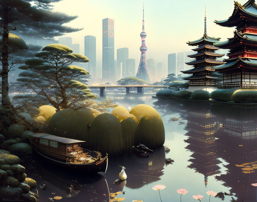 Traditional and modern Japan blend in serene image with pagodas, boat, skyscrapers, green