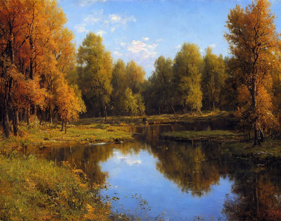 Tranquil autumn landscape with orange and green trees reflected in pond