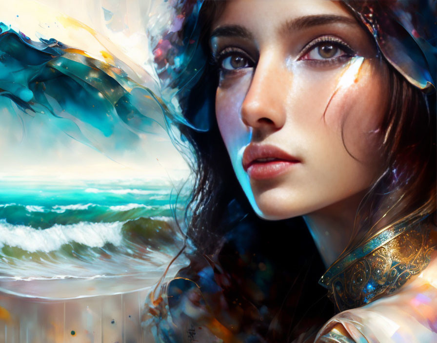 Digital artwork: Woman portrait merged with abstract ocean waves