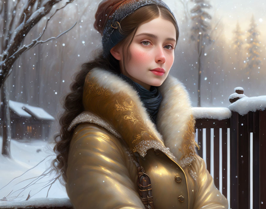 Digital artwork: Young woman in winter attire with fur collar, beanie, snowy backdrop, delicate snow