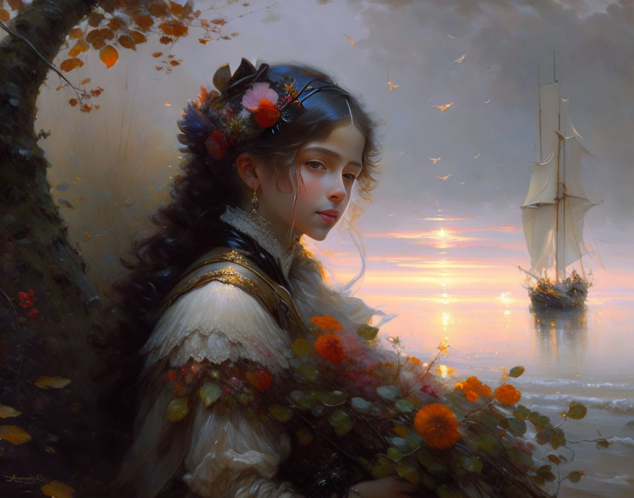 Vintage-clad woman with flowers gazes at sunset seascape.