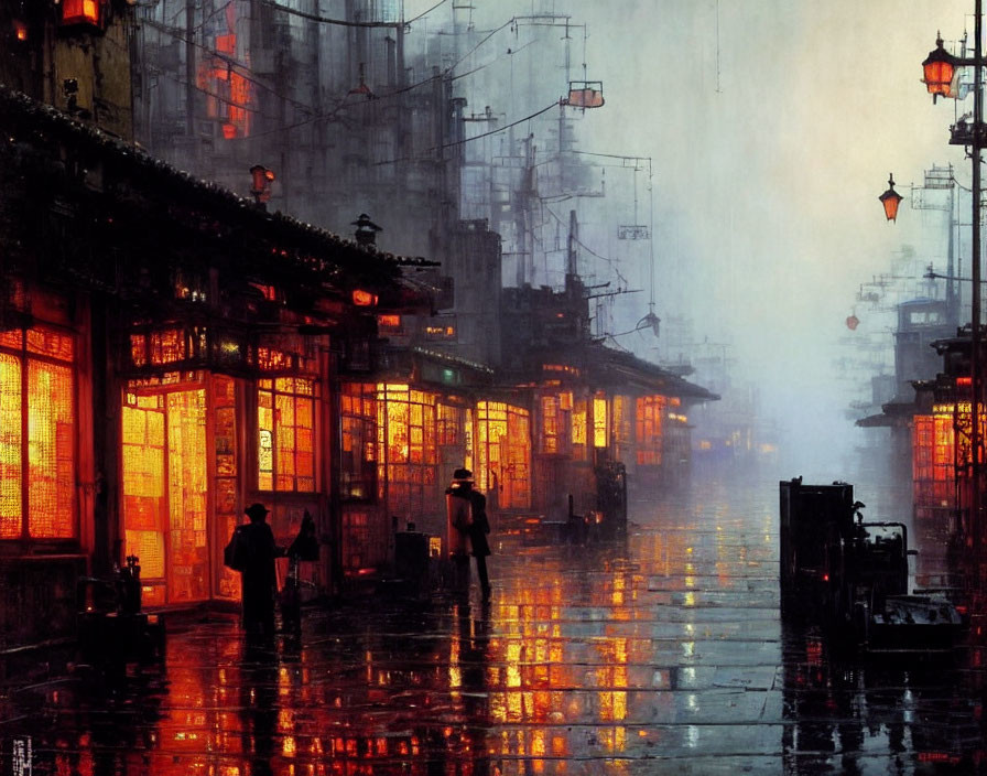 Urban street scene with rainy twilight atmosphere and traditional buildings.