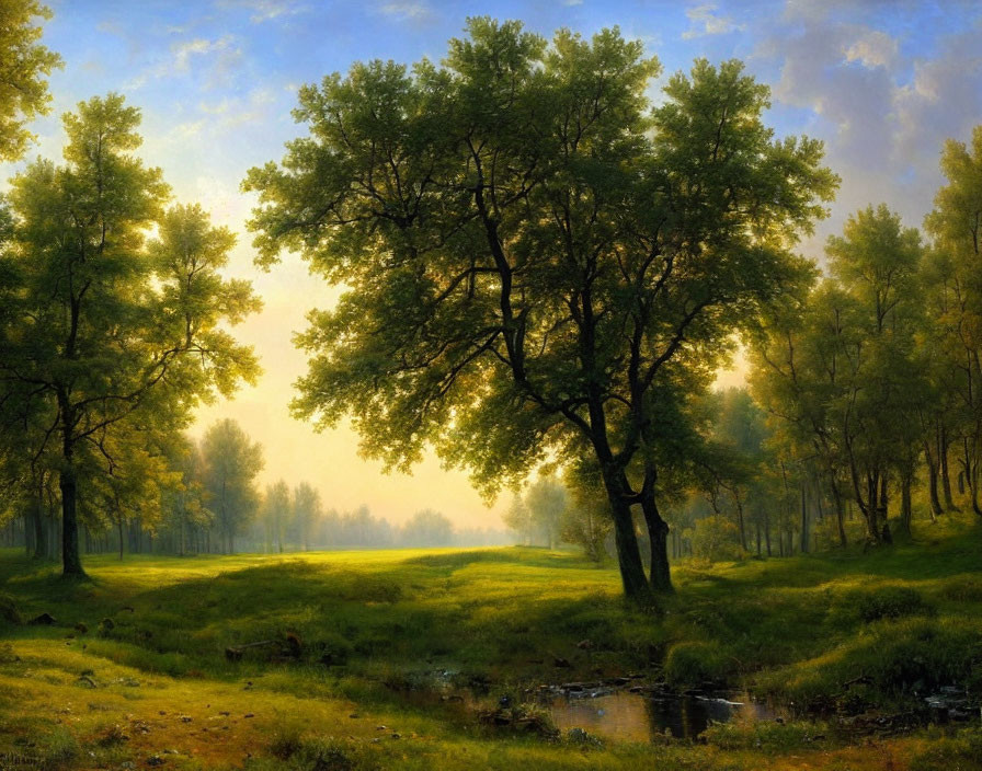 Tranquil landscape with green trees, brook, and sunlight.