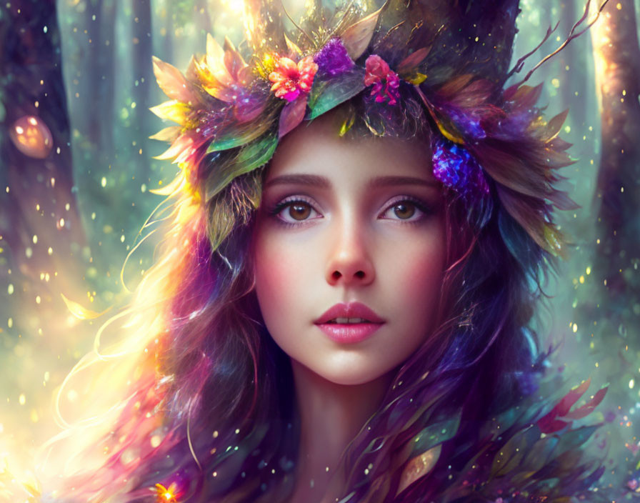 Portrait of woman with floral crown in mystical forest setting