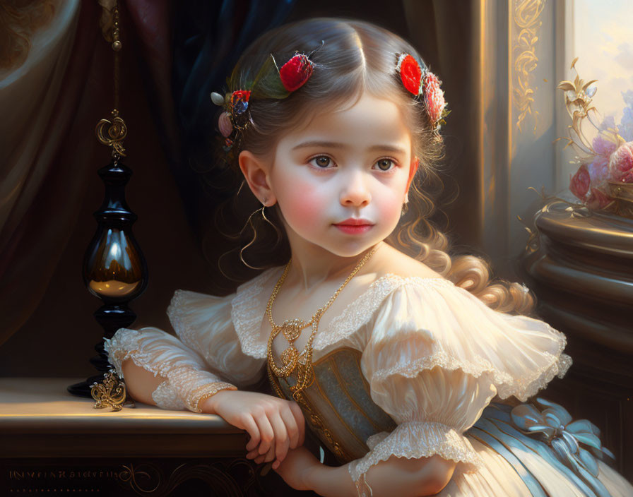 Adorned young girl gazes thoughtfully in richly decorated setting